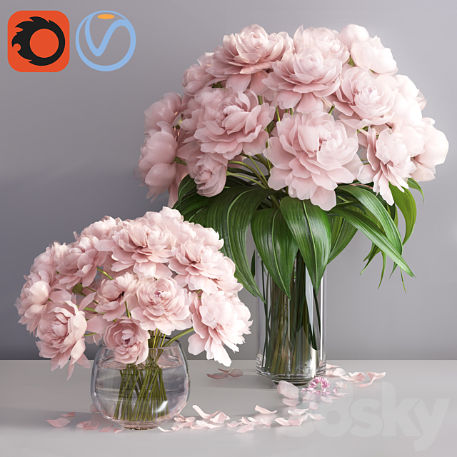 pastel pink peonies in 2 glass vases set 3DSMax File - thumbnail 1