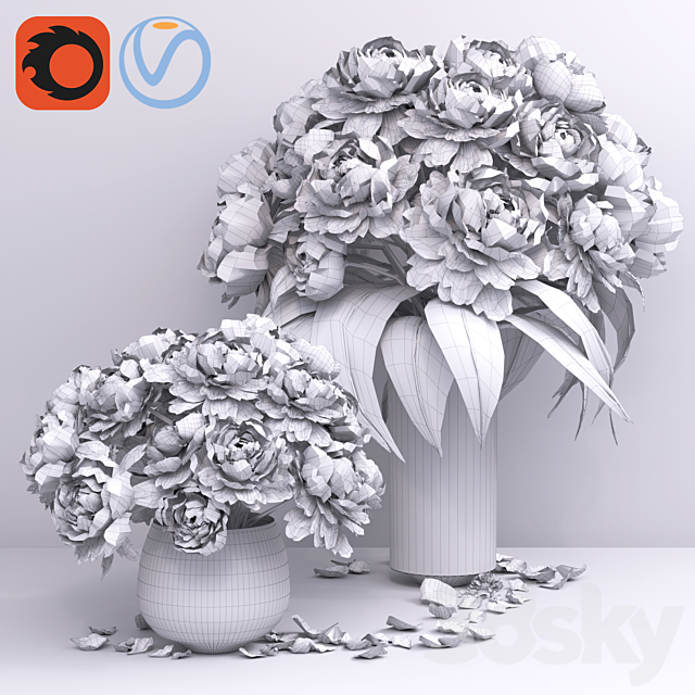 pastel pink peonies in 2 glass vases set 3DSMax File - thumbnail 2