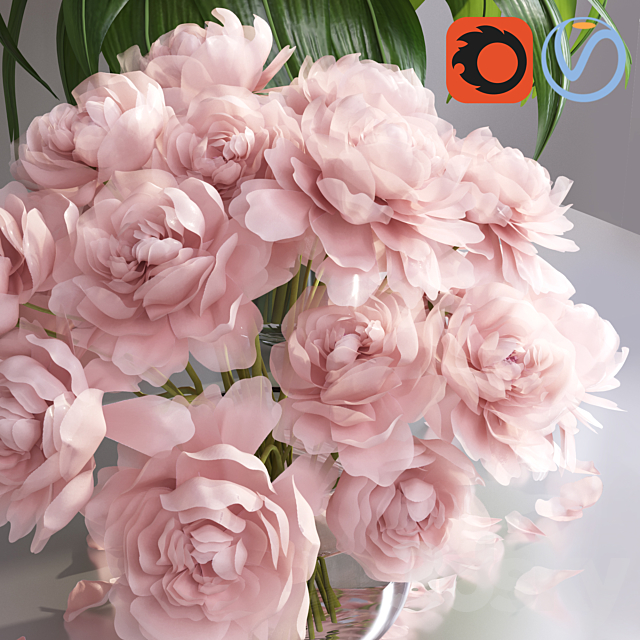 pastel pink peonies in 2 glass vases set 3DSMax File - thumbnail 3