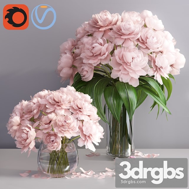 Pastel pink peonies in 2 glass vases set - thumbnail 1