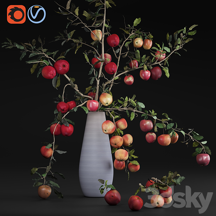 Red Cherry tomato apple branches Dry leaves Vase 3DS Max Model - thumbnail 3