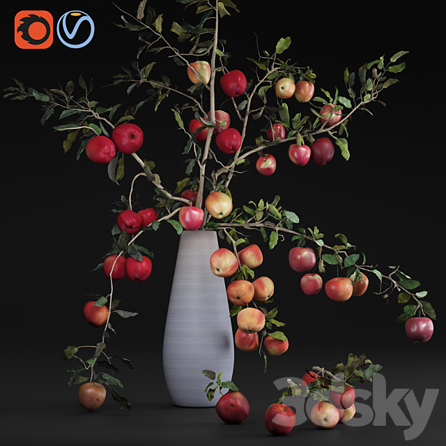 Red Cherry tomato apple branches Dry leaves Vase 3DSMax File - thumbnail 1