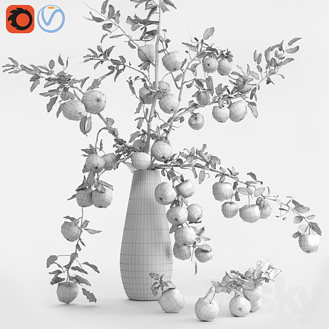 Red Cherry tomato apple branches Dry leaves Vase 3DSMax File - thumbnail 2