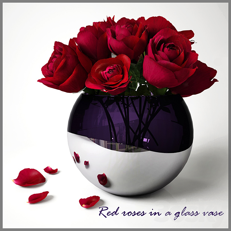 Red roses in a glass vase 3DS Max - thumbnail 1