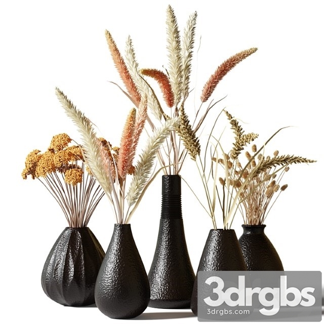 Set of Bouquets of Dried Flowers in Black Clay Vases 3dsmax Download - thumbnail 1