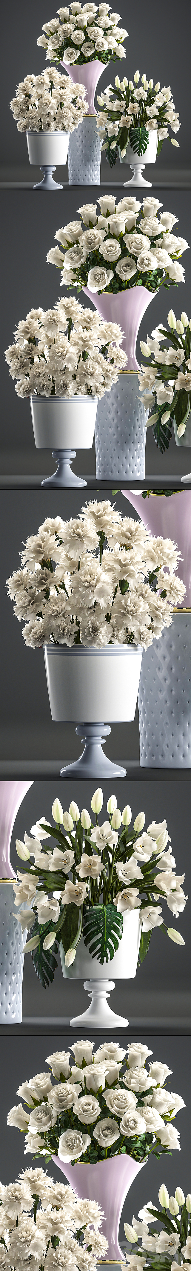 Set of white flowers 58. White bouquets pot flowerpot white tulips white roses carnation vase 3DS Max Model - thumbnail 2