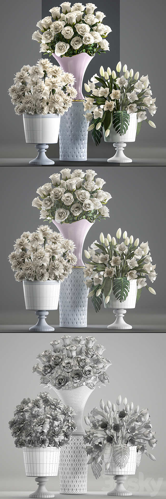 Set of white flowers 58. White bouquets pot flowerpot white tulips white roses carnation vase 3DS Max Model - thumbnail 3