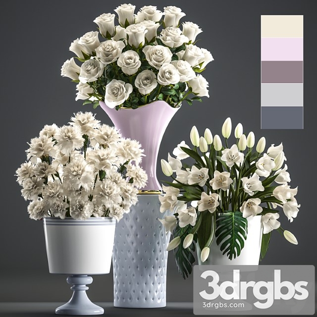 Set of white flowers 58. white bouquets, pot, flowerpot, white tulips, white roses, carnation, vase - thumbnail 1