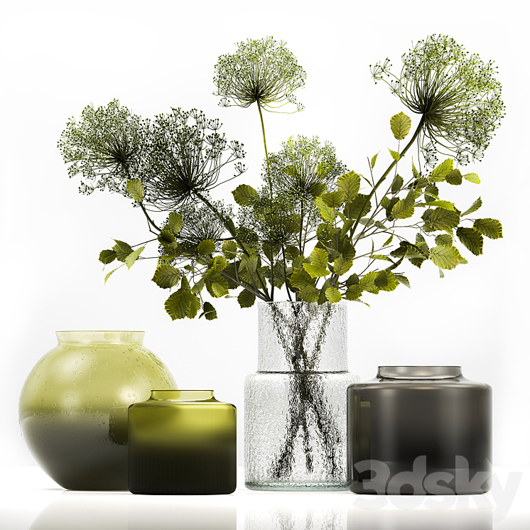 Spring bouquet of green flowers in a glass vase ikea ikea with hogweed branches leaves. 250 3DS Max Model - thumbnail 1