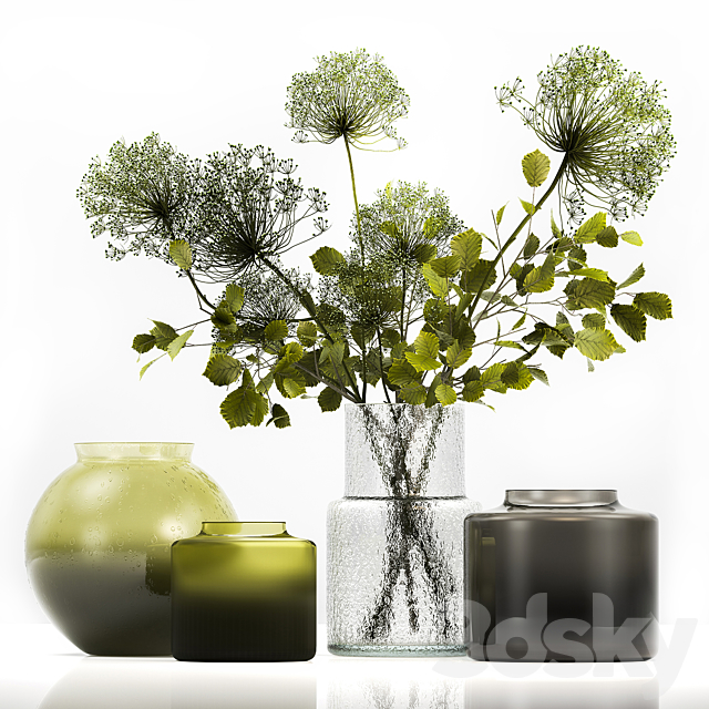 Spring bouquet of green flowers in a glass vase ikea. ikea with hogweed. branches. leaves. 250 3DSMax File - thumbnail 1