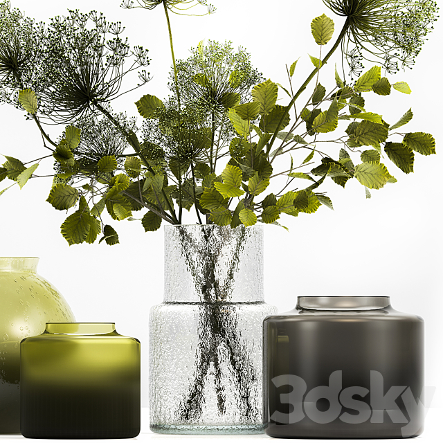 Spring bouquet of green flowers in a glass vase ikea. ikea with hogweed. branches. leaves. 250 3DSMax File - thumbnail 5