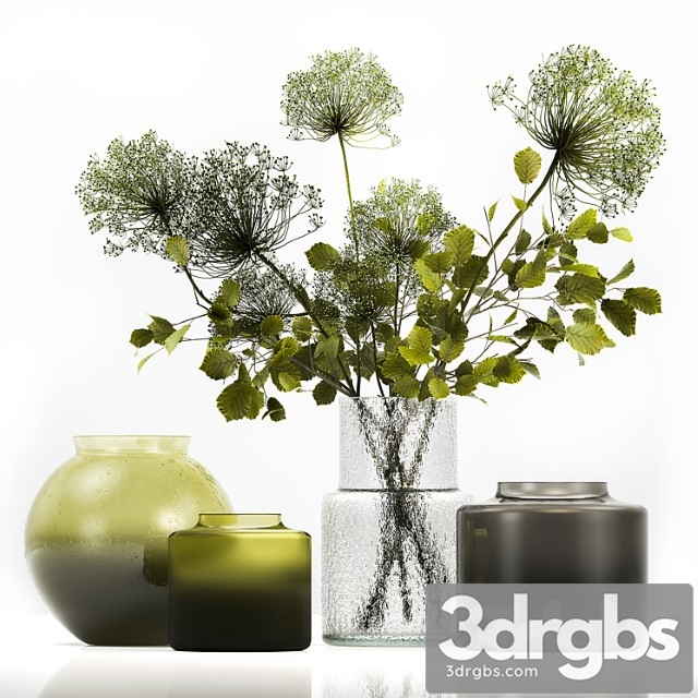 Spring bouquet of green flowers in a glass vase ikea, ikea with hogweed, branches, leaves. 250 - thumbnail 1