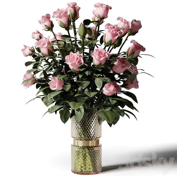 Tall bouquet of pink roses in a modern glass vase 3DS Max - thumbnail 1