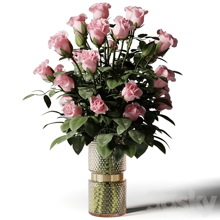 Tall bouquet of pink roses in a modern glass vase 3DS Max - thumbnail 2