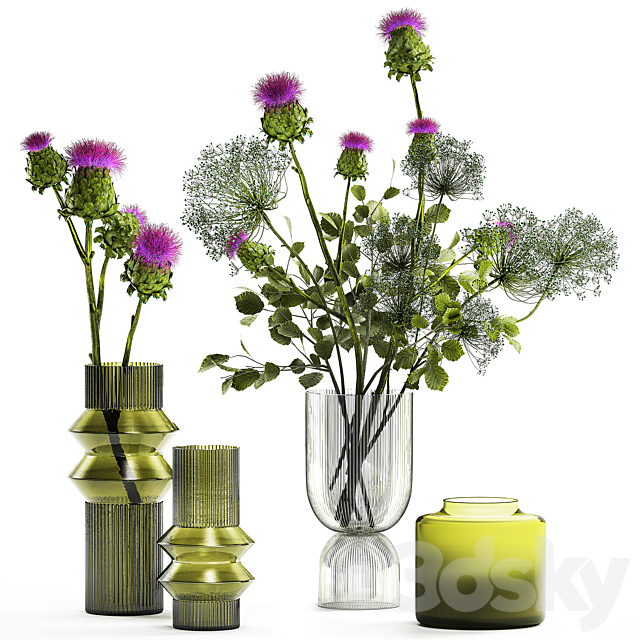 The collection is a decorative set of bouquets in modern glass green vases with thorn branches thistle hogweed leaves. Set 290. 3ds Max - thumbnail 1