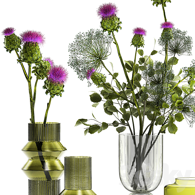 The collection is a decorative set of bouquets in modern glass green vases with thorn branches thistle hogweed leaves. Set 290. 3ds Max - thumbnail 2