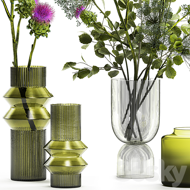 The collection is a decorative set of bouquets in modern glass green vases with thorn branches thistle hogweed leaves. Set 290. 3ds Max - thumbnail 3