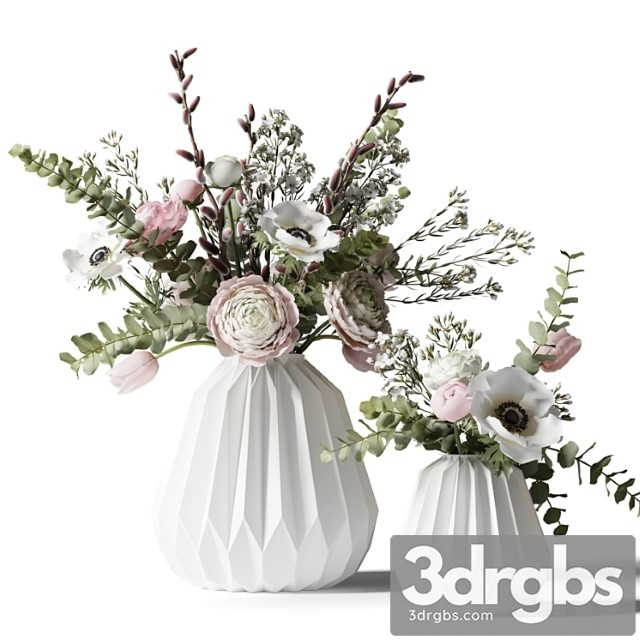 Two bouquets in white ribbed vases - thumbnail 1