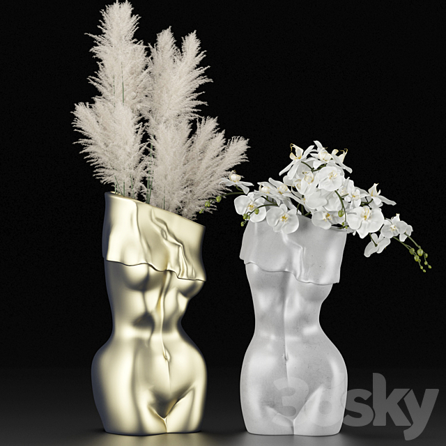 Vases in the form of a female body with bouquets of pampas grass and orchids 3DSMax File - thumbnail 1