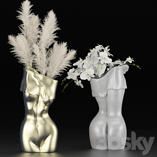 Vases in the form of a female body with bouquets of pampas grass and orchids 3DSMax File - thumbnail 2