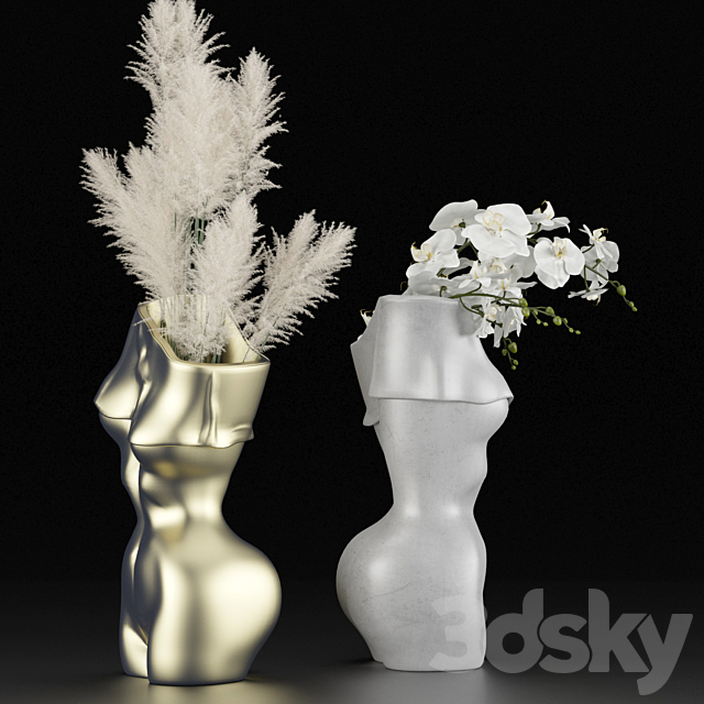 Vases in the form of a female body with bouquets of pampas grass and orchids 3DSMax File - thumbnail 3