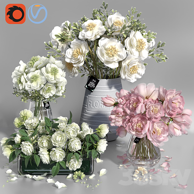 White and Pink tone Peonies cement concrete glass Vases 3DSMax File - thumbnail 1