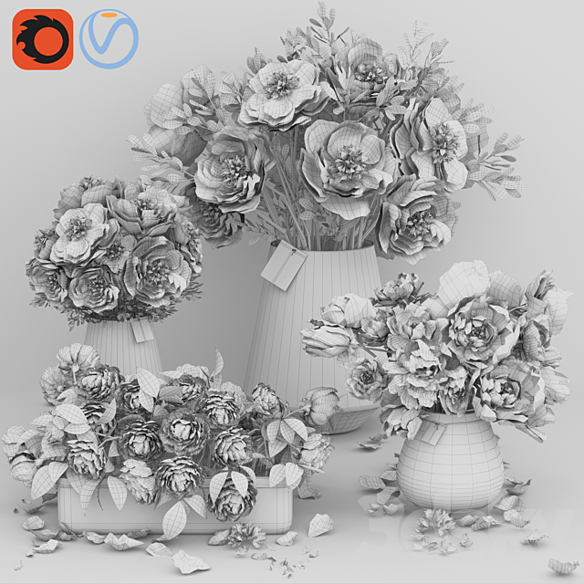 White and Pink tone Peonies cement concrete glass Vases 3DSMax File - thumbnail 2
