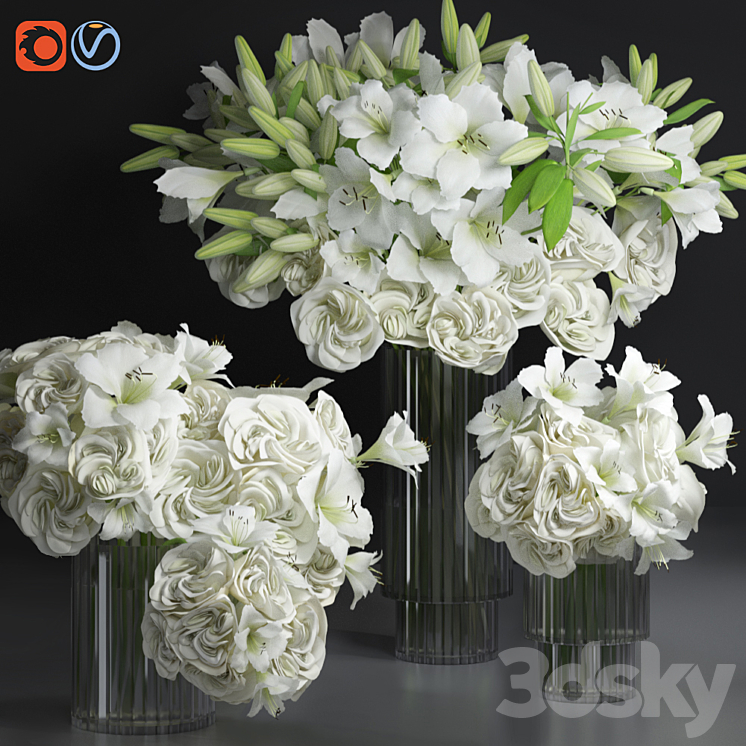 White Lily Tuberose Peony Camelia Bouquet Decorative Glass Vases Set 3DS Max Model - thumbnail 3