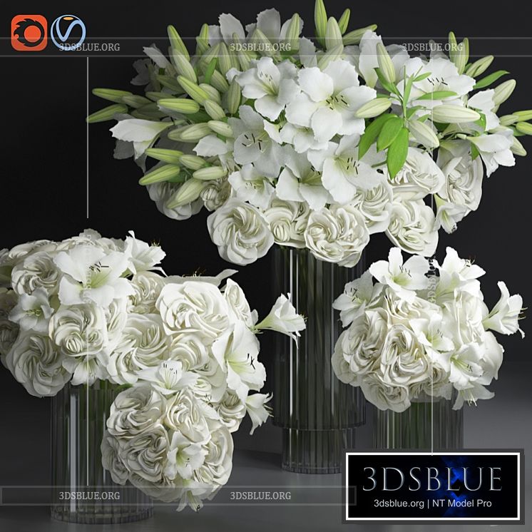 White Lily Tuberose Peony Camelia Bouquet Decorative Glass Vases Set 3DS Max - thumbnail 3