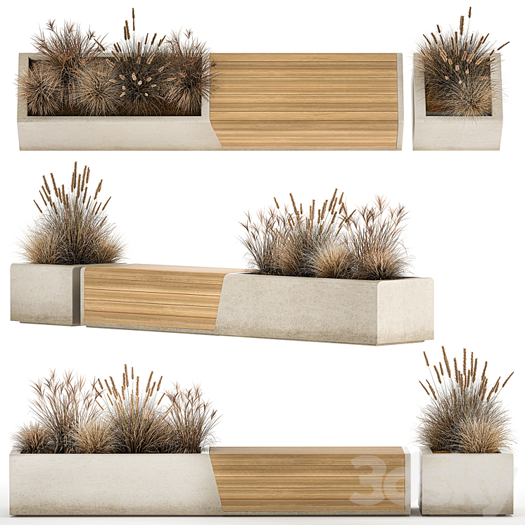 Bench flowerbed for the urban environment in a concrete flowerpot with bushes of reeds and dried flowers dry grass. 1142. 3DS Max Model - thumbnail 1