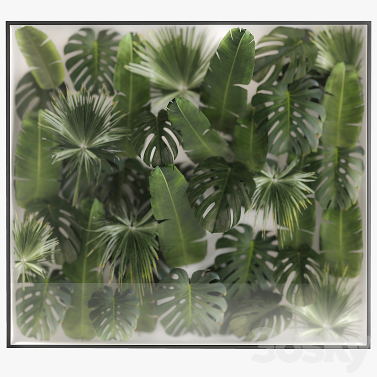 Phytowall and phytobox made of banana palm branches and fan palm leaves in a niche behind a translucent stack. Bouquet 287. 3DS Max - thumbnail 1