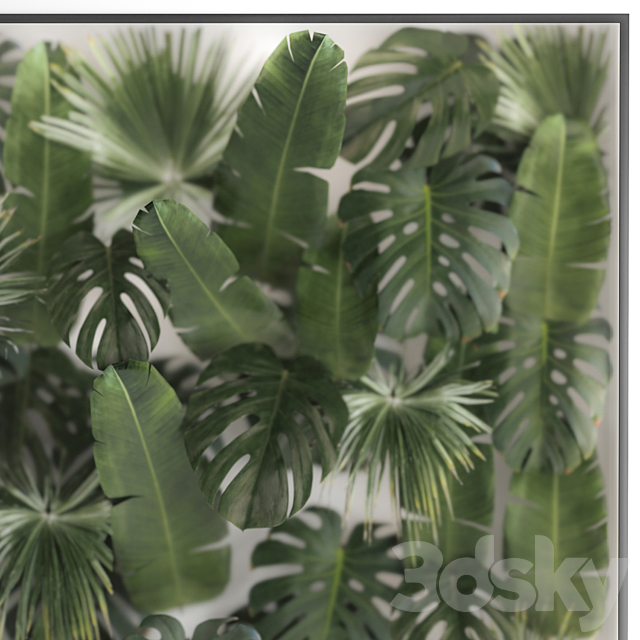 Phytowall and phytobox made of banana palm branches and fan palm leaves in a niche behind a translucent stack. Bouquet 287. 3DSMax File - thumbnail 4