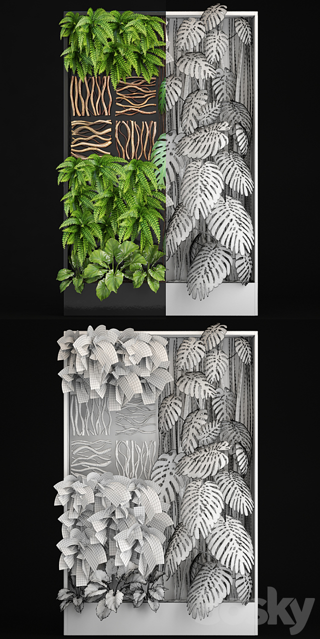 Vertical garden 2. Vertical garden phytowall phytomodl landscaping green picture bush wall decor branches monstera fern alocasia eco eco decor loft 3ds Max - thumbnail 3