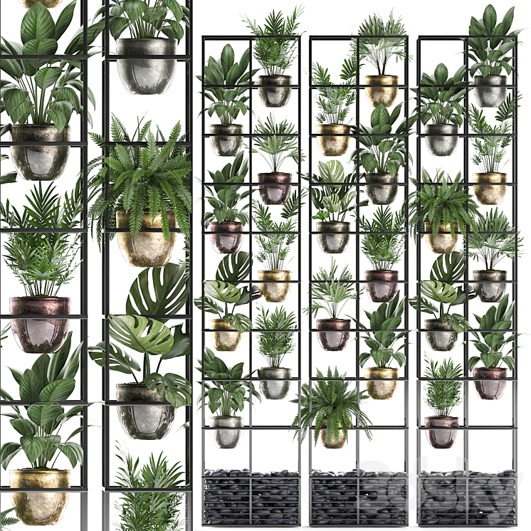 Vertical gardening. 27. Shelf with plants rack fern areca palm monstera loft indoor plants vertical garden phytowall phytomodule pots eco design Raphis palm 3DS Max - thumbnail 1