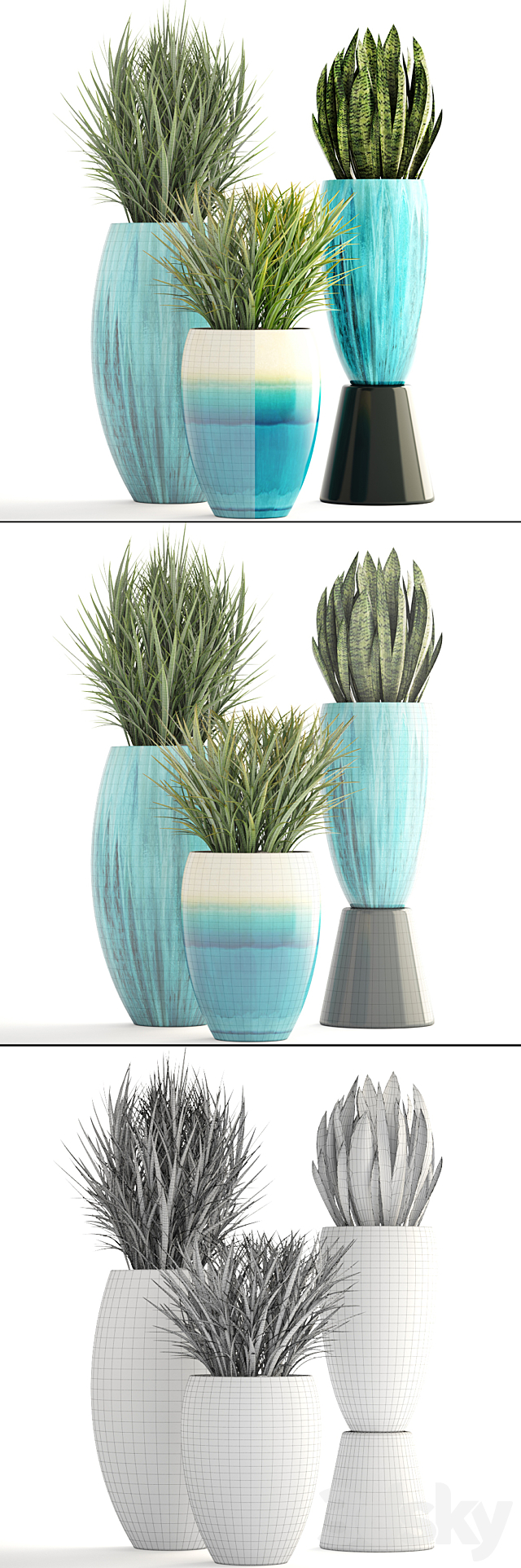 Collection of plants. Pot flowerpot street decor landscape design bush grass sansevieria turquoise interior decorative Chlorophytum 3DS Max Model - thumbnail 3