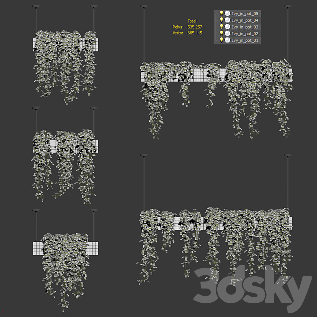 Ivy in hanging flower pots. 5 models 3DSMax File - thumbnail 3