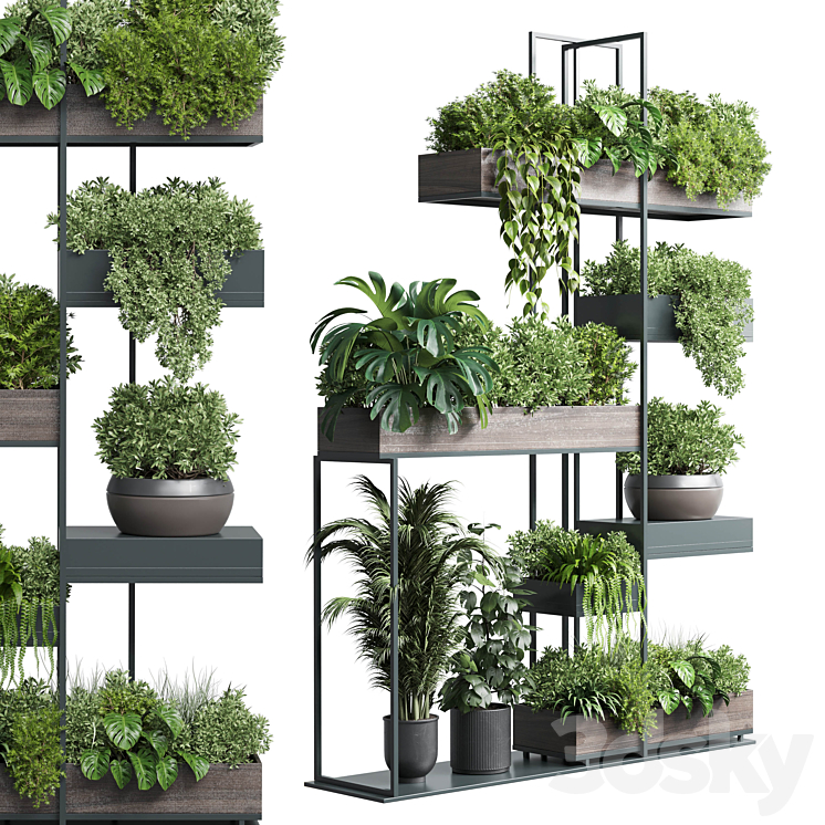 Standing metal shelf with a set of plants in wooden and metal boxes 267 3DS Max Model - thumbnail 1