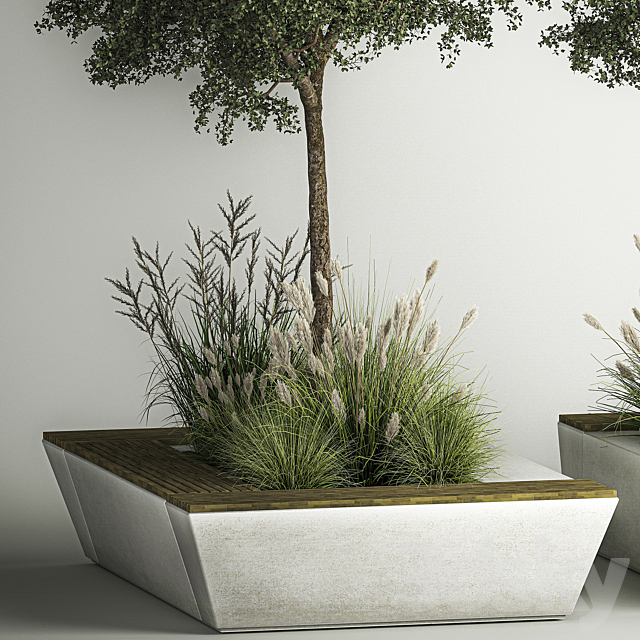 A collection of trees and bushes in flowerpots and a bench for interior and exterior decor shopping center. 1129 3ds Max - thumbnail 3