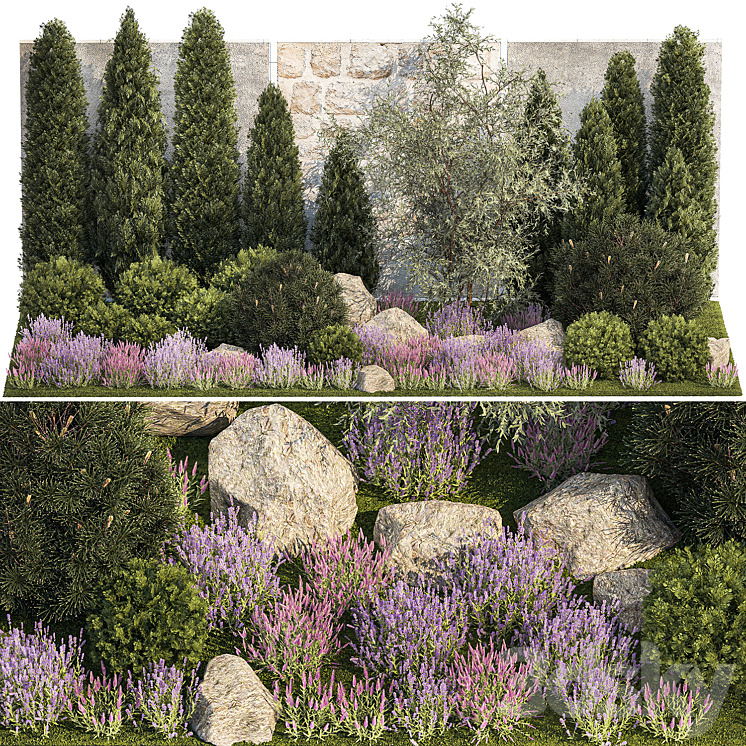 Beautiful garden with arborvitae and landscaping with pine cypress topiary boulder stones flowers and lavender sage bushes. 1265 3DS Max Model - thumbnail 1