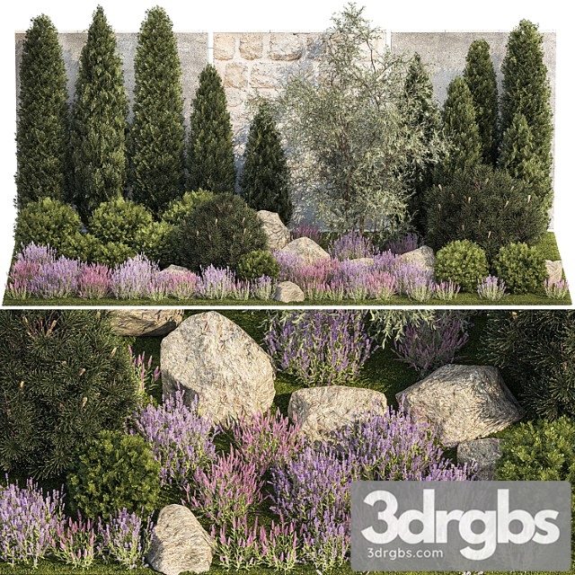 Beautiful Garden with Arborvitae and Landscaping with Pine Cypress Topiary Boulder Stones Flowers and Lavender Sage Bushes 1265 3dsmax Download - thumbnail 1