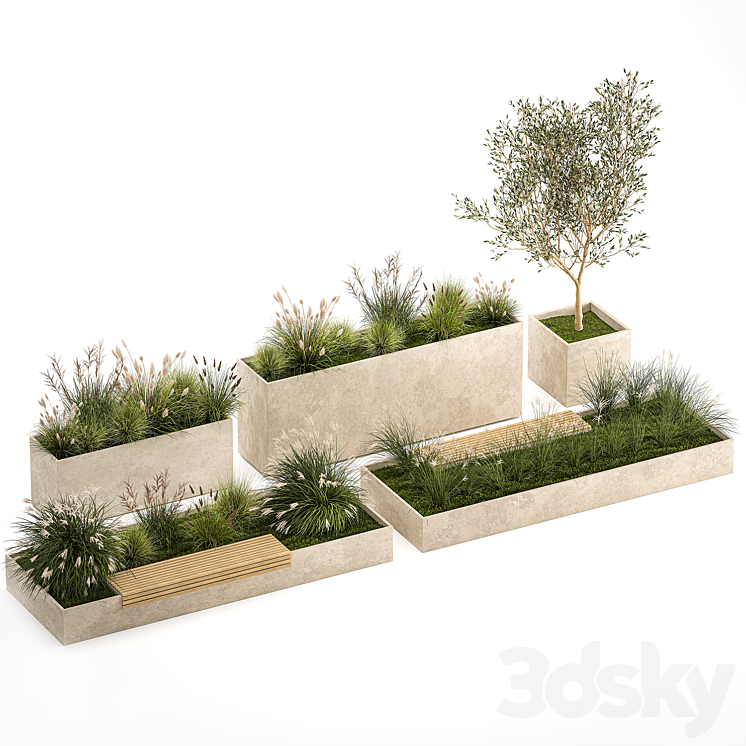 Collection of plants for the urban environment with a flower bed a bench and concrete outdoor flowerpots bushes and grass Miscanthus olive tree garden. 1141. 3DS Max Model - thumbnail 2