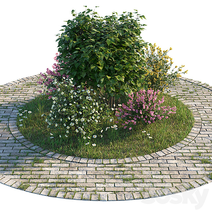 Flowerbed with bushes and grass 3DS Max - thumbnail 1