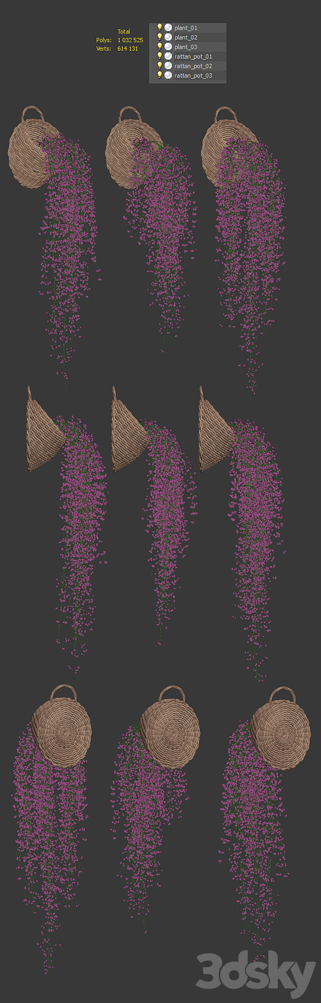 Hanging plants in wicker pots v2 3ds Max - thumbnail 3