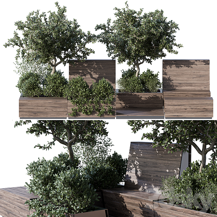 Parklet with bushes and trees – recreation area in the park and urban environment 3DS Max Model - thumbnail 3