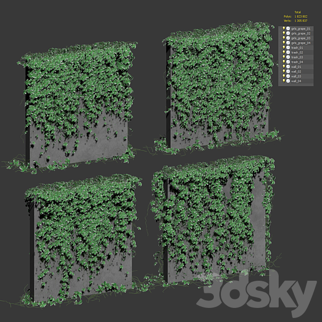 Wall with grape leaves. 4 models 3DSMax File - thumbnail 5