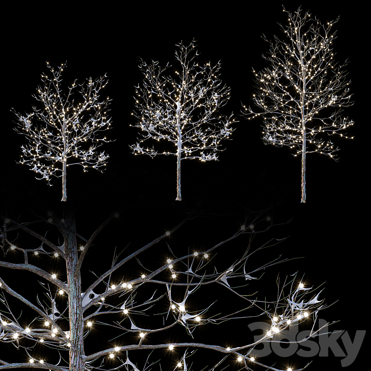 Trees in the snow with a luminous garland 3DS Max - thumbnail 1