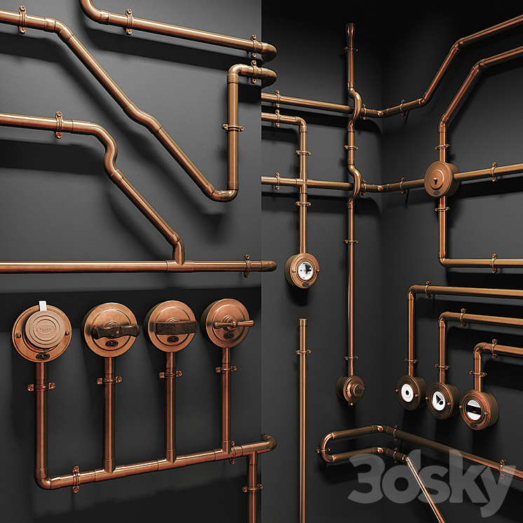 Designer wiring in metal pipes + retro sockets and switches 3DS Max - thumbnail 2