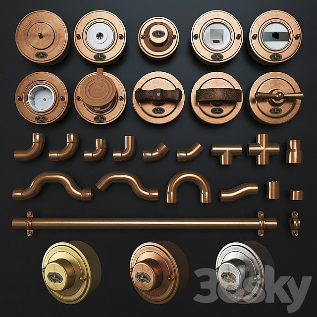 Designer wiring in metal pipes + retro sockets and switches 3DSMax File - thumbnail 1