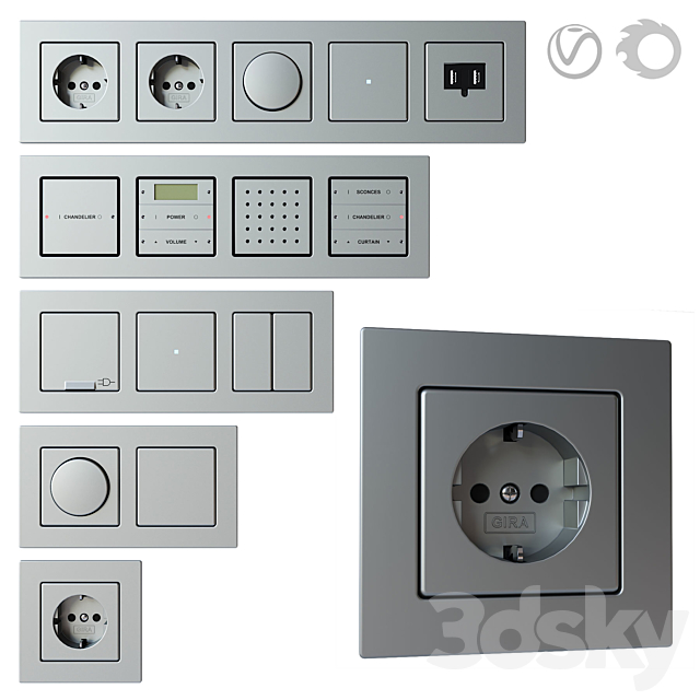 Gira E22 – set of sockets and switches 3ds Max - thumbnail 1