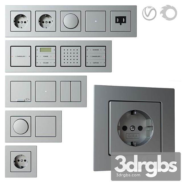 Gira E22 Set of Sockets and Switches 3dsmax Download - thumbnail 1